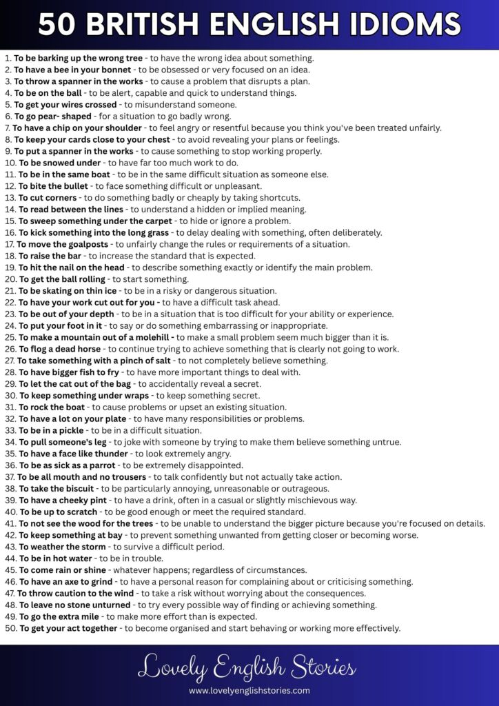 50 english idioms on the page