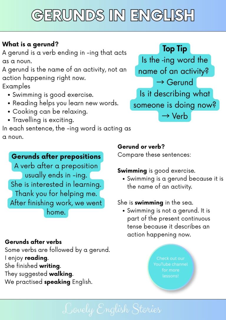 a worksheet detailing what gerunds are in english