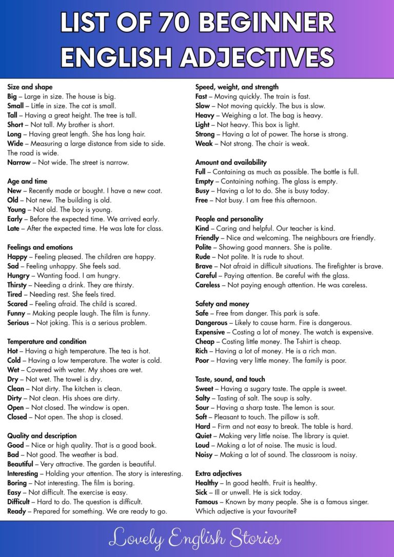 a list of 70 common adjectives in english