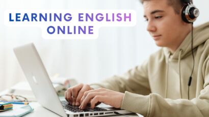 a man on a laptop wearing headphones with the text 'learning english online'