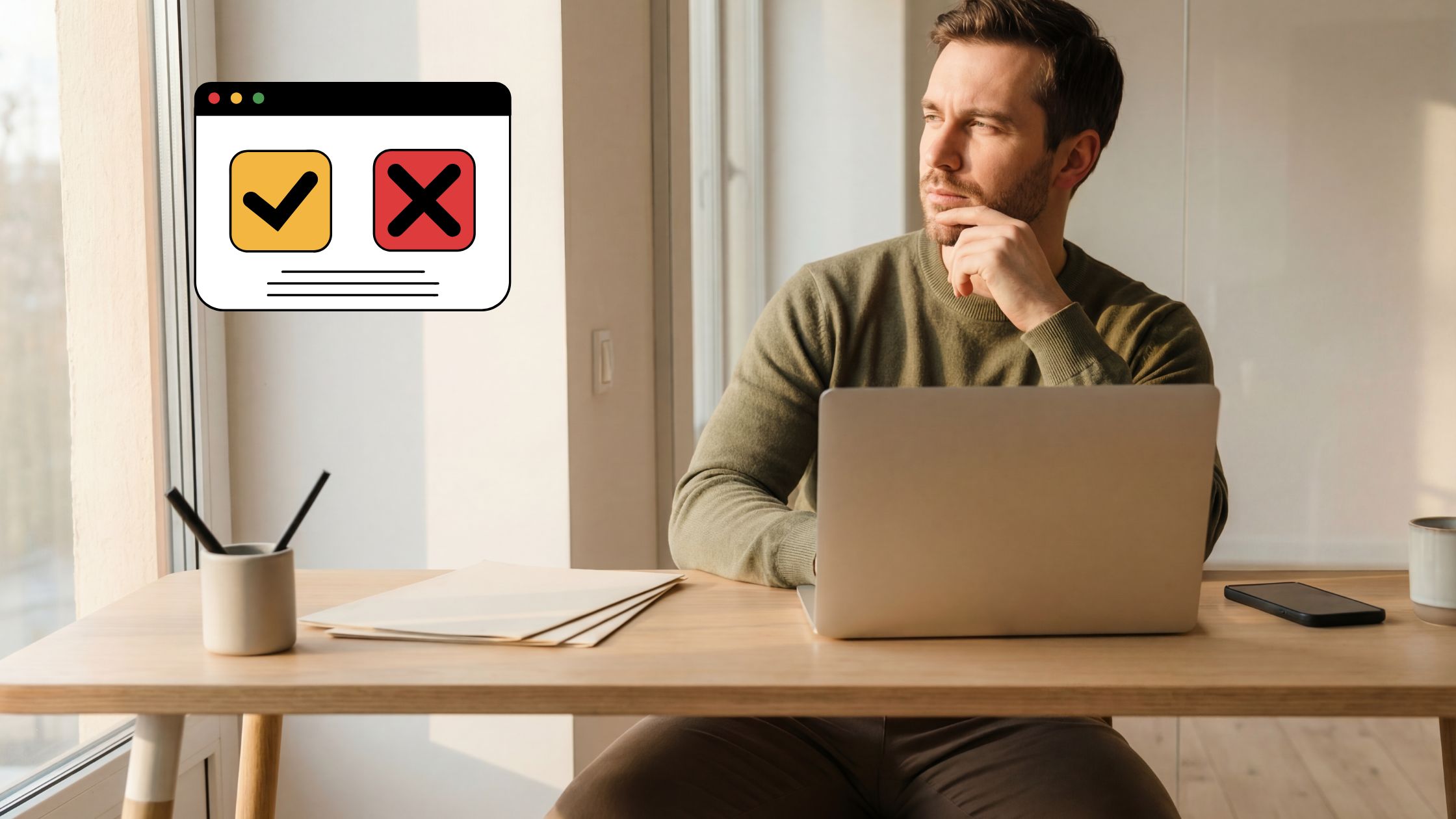 a man sits at his laptop looking at a yes and no sign